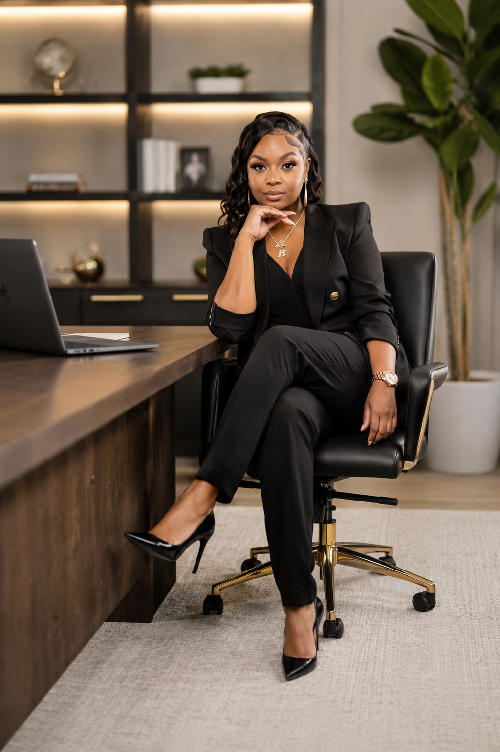 Credit repair specialist seated confidently at a desk in a professional office